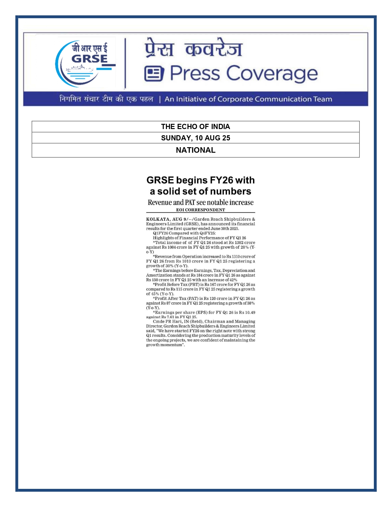 Press Coverage : 11 Aug 25:FINANCIAL EXPRESS